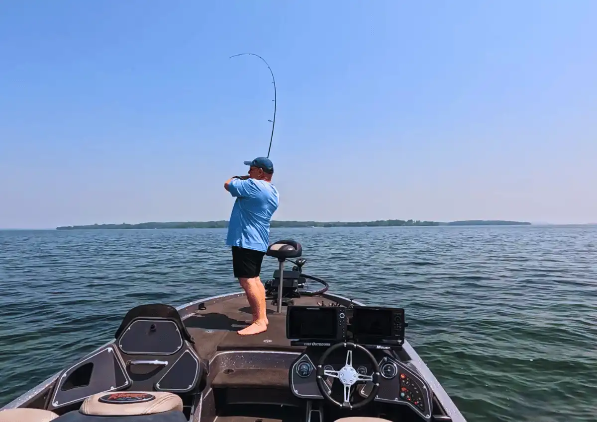 Sight-fishing a 5.15 lb smallmouth bass locked on a bed with clear water hookset and catch