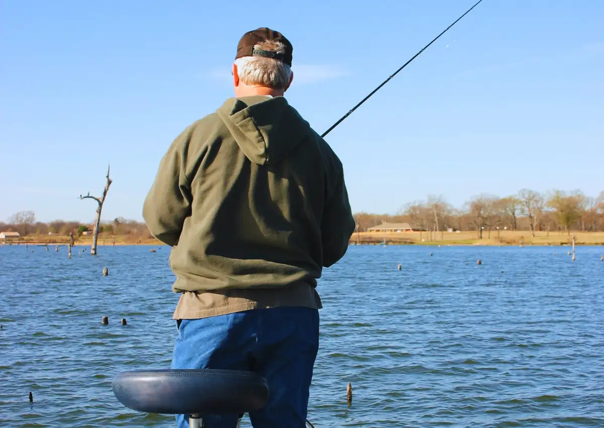 Angler fishing for bass around standing timber on a southern lake in winter