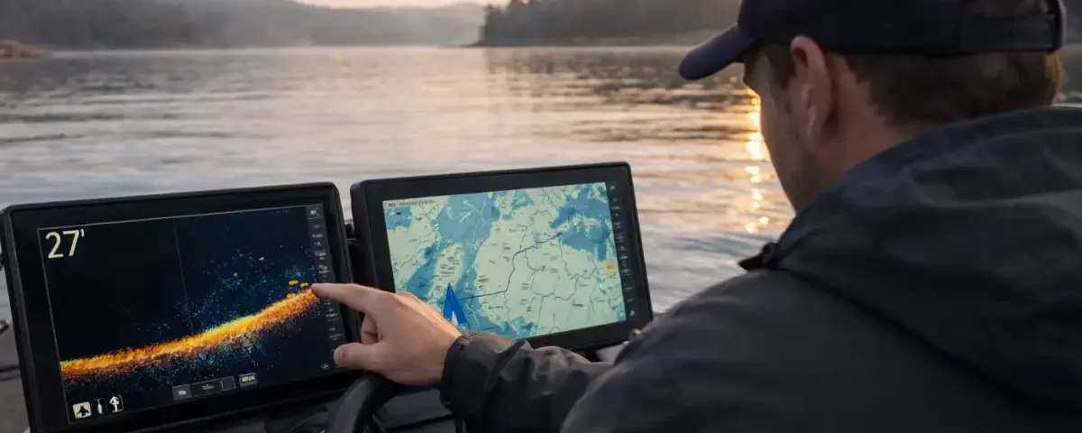 Winter bass fishing with forward-facing sonar on a southern lake that does not freeze