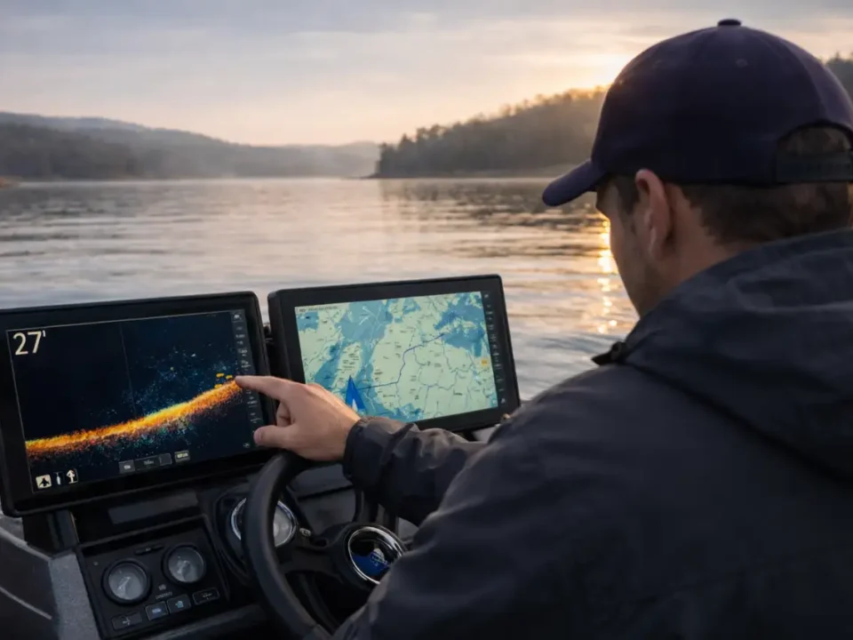 Winter bass fishing with forward-facing sonar on a southern lake that does not freeze