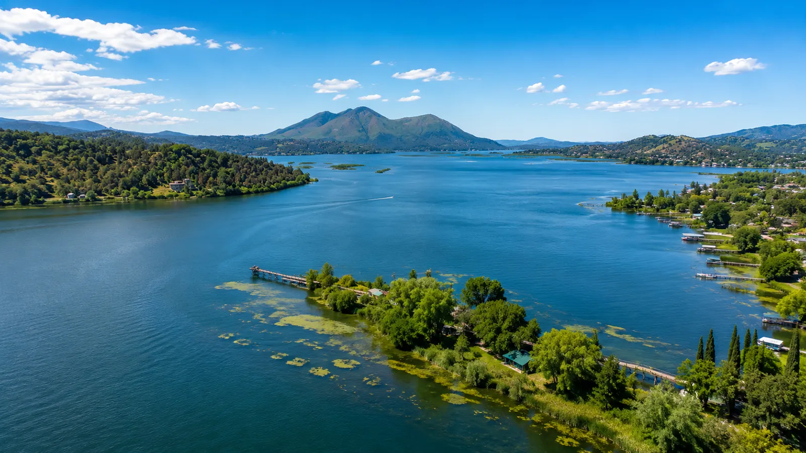 Aerial view of Clear Lake, California, surrounded by mountains and shoreline habitat in one of the West's premier largemouth bass fishing destinations