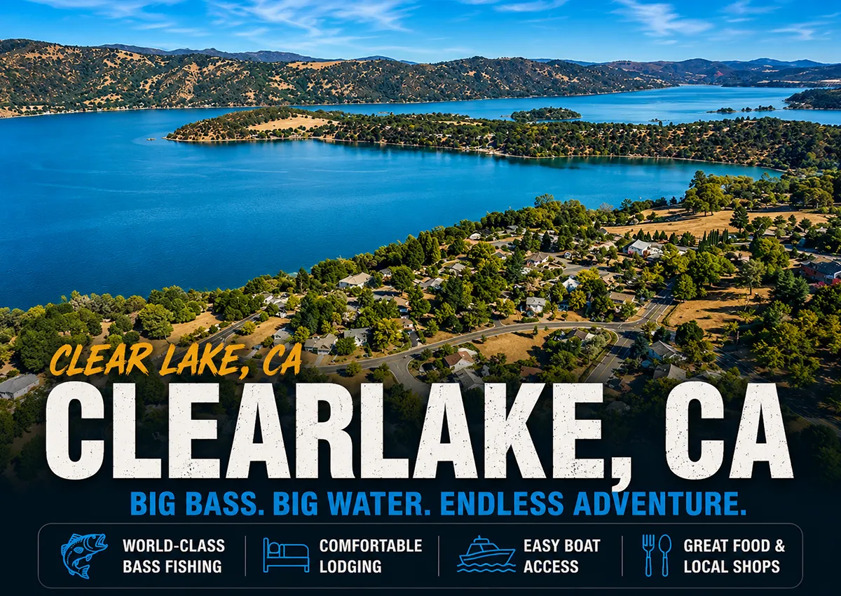 Aerial view of Clear Lake and Clearlake, California highlighting the lake, shoreline and surrounding hills for visiting bass anglers