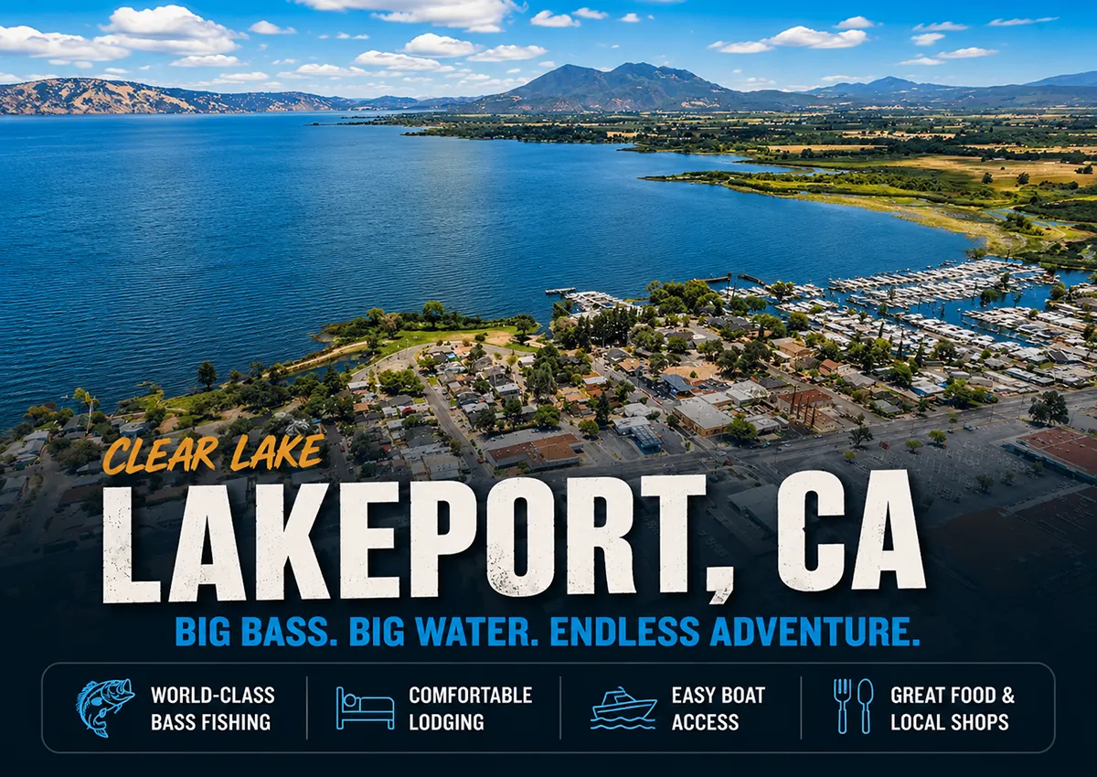 Aerial view of Lakeport, California and Clear Lake highlighting the waterfront and boating access for visiting bass anglers