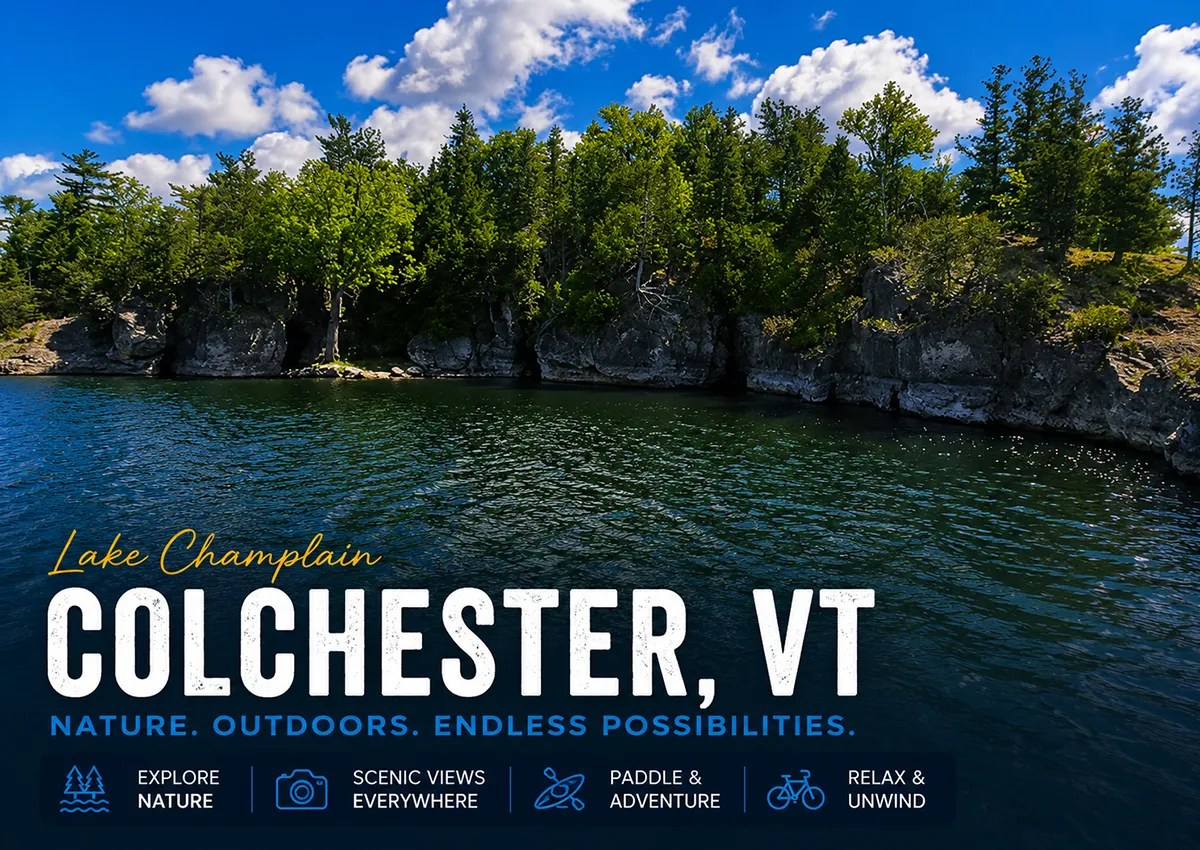 Rocky shoreline and open water on Lake Champlain near Colchester, Vermont