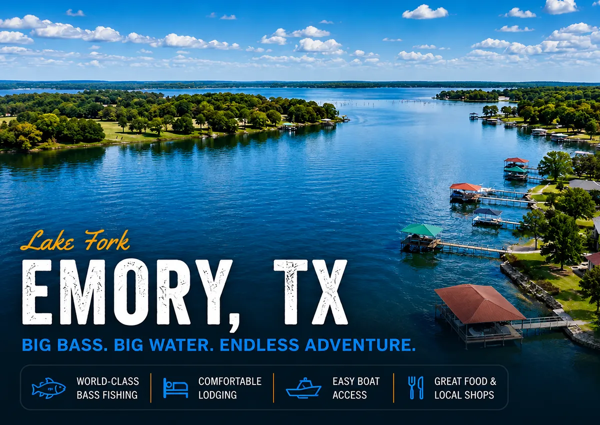 Aerial view of Lake Fork near Emory, Texas, a popular travel hub for bass fishing, lodging, dining, and boat access