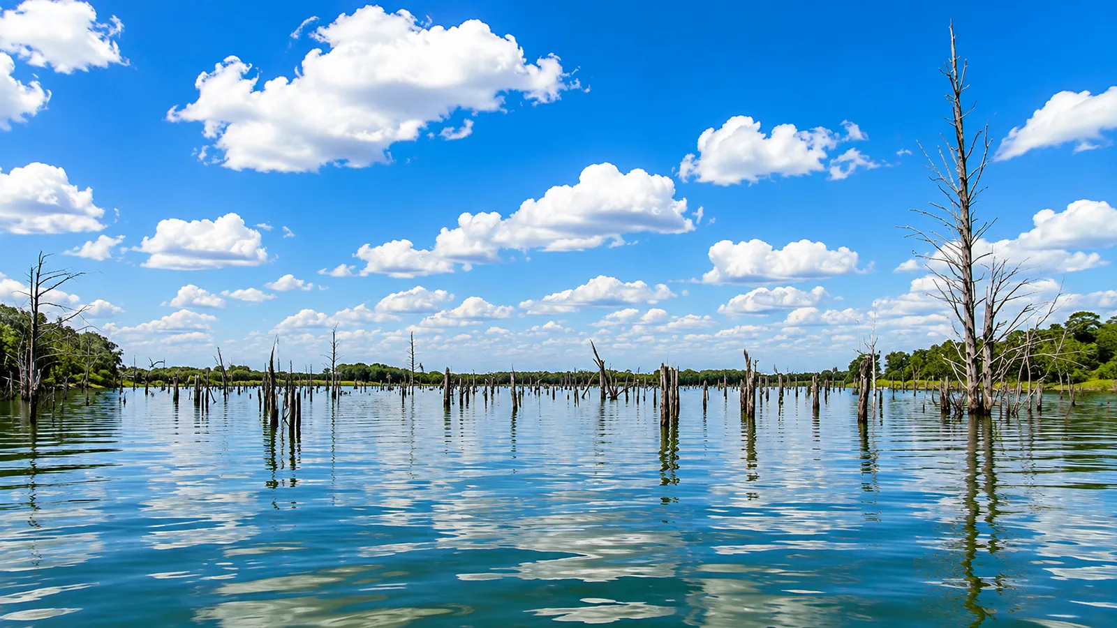 Lake Fork, Texas showing flooded timber under a bright blue sky