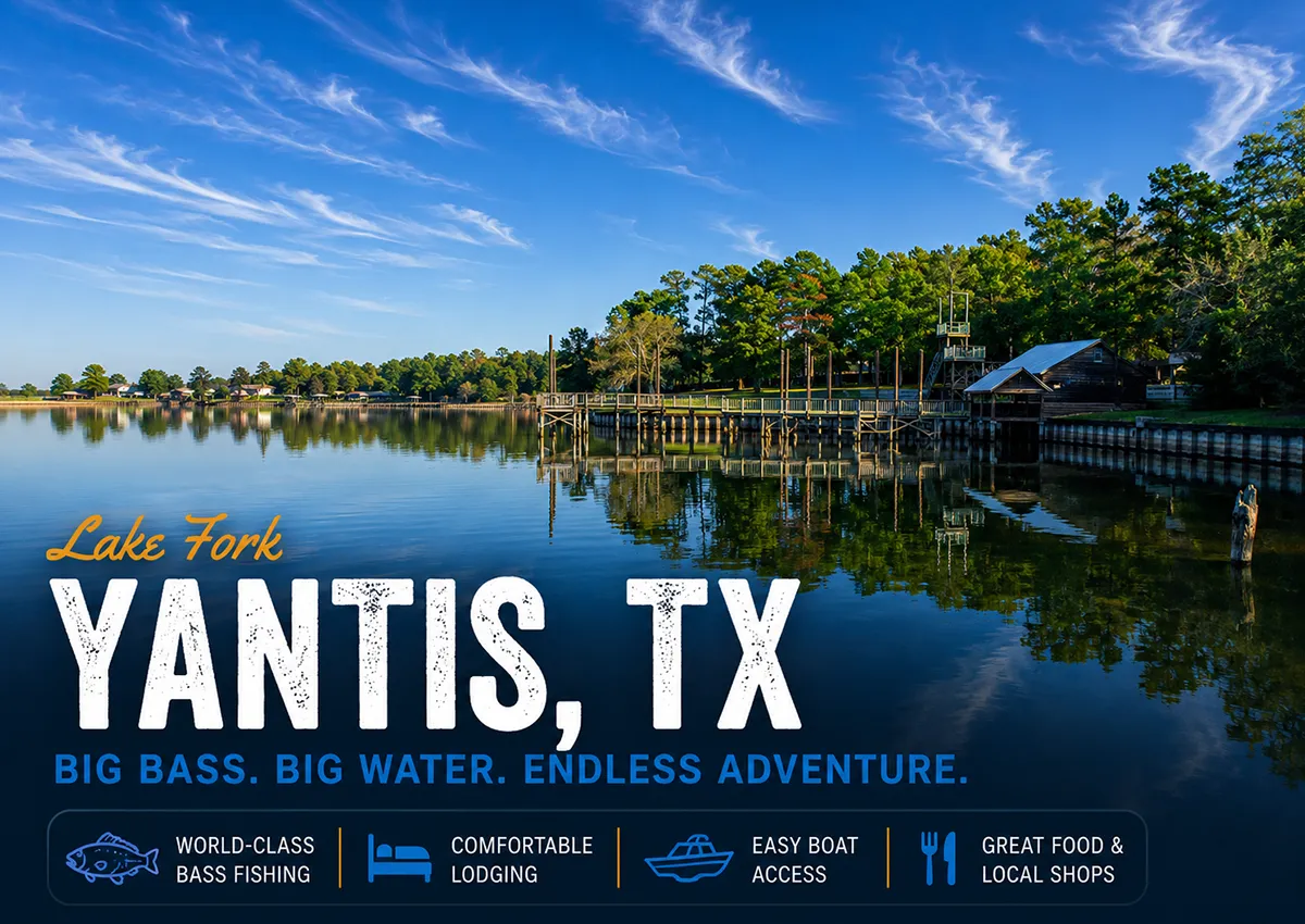 Scenic view of Lake Fork near Yantis, Texas, a popular hub for bass fishing, lodging, dining, and boat access