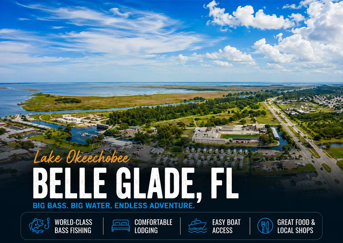Aerial view of Belle Glade, Florida with Lake Okeechobee, nearby waterways, marina access, and surrounding travel infrastructure for visiting bass anglers.