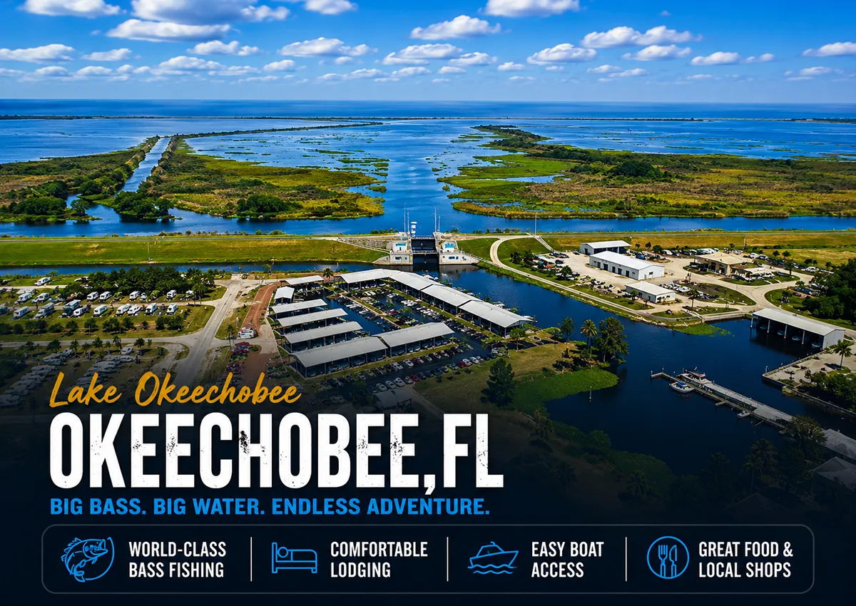 Aerial view of Lake Okeechobee access, marina and waterways near Okeechobee, Florida.