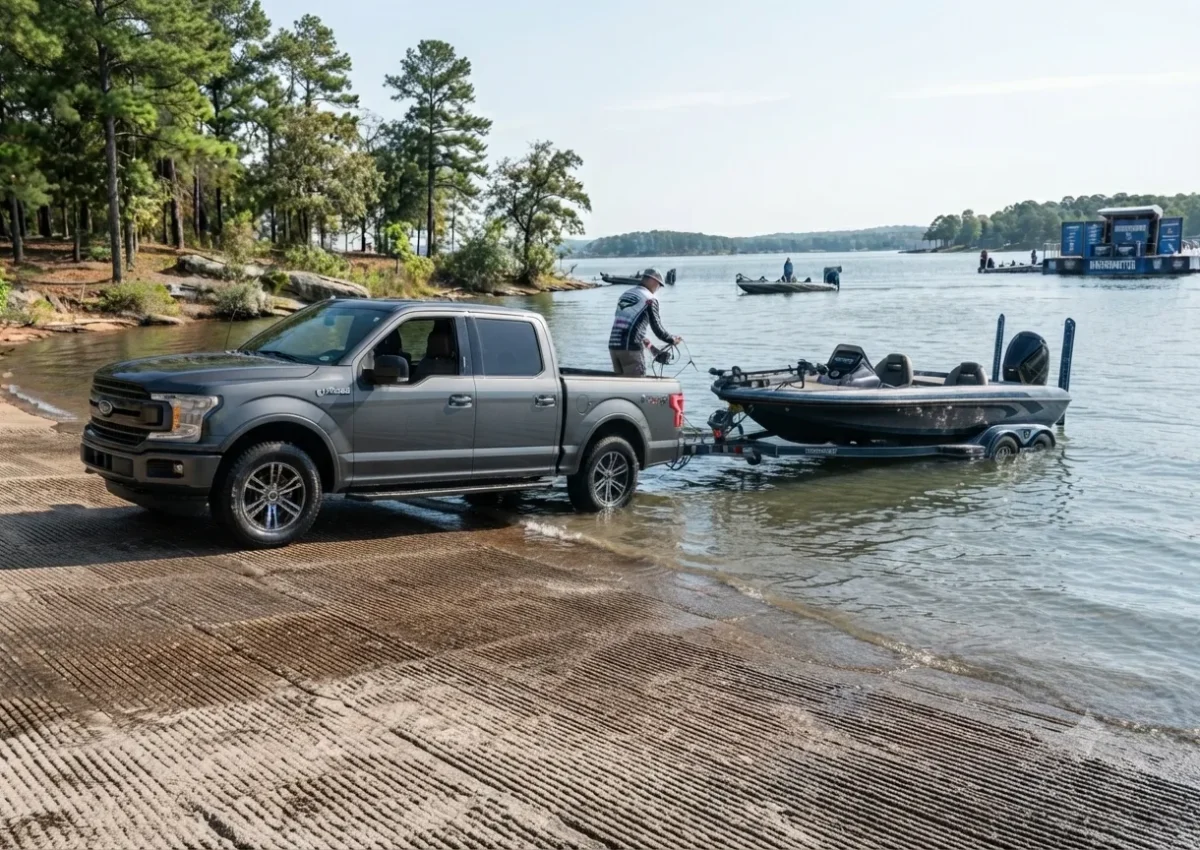 Bass boat being backed down a public boat ramp for launching