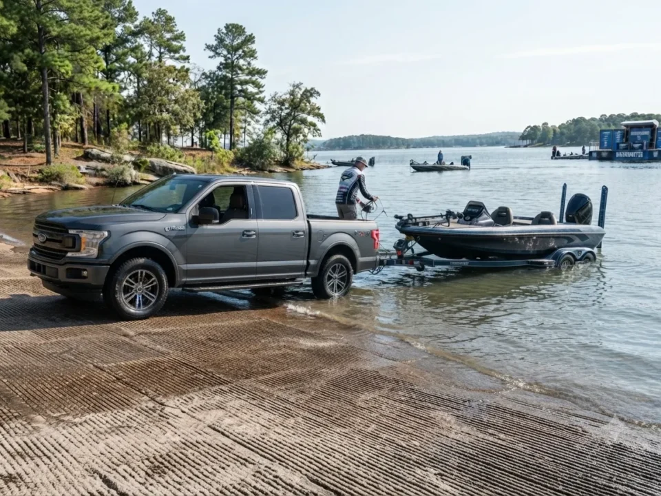 Bass boat being backed down a public boat ramp for launching