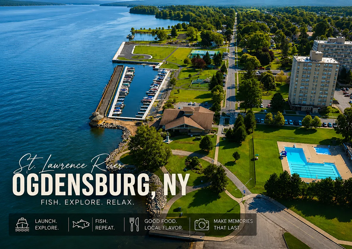 Ogdensburg waterfront and marina along the St. Lawrence River in New York